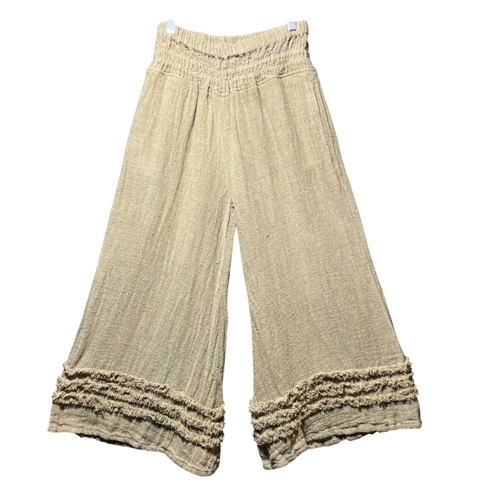Paper Lace Textured 100% Linen Wide Leg Pants Boho Lagenlook Frayed Hem Pull On